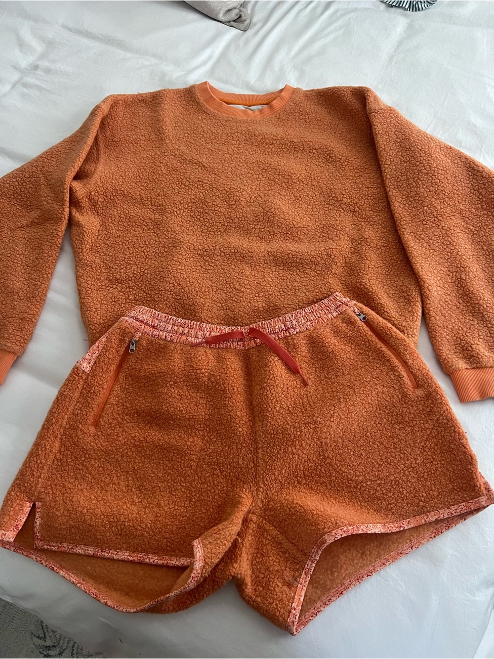 Outdoor Voices Orange Sherpa Crewneck Top and Matching Shorts Set